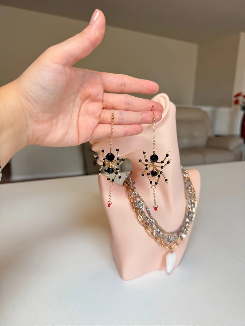 Gold and Black Beaded Spider Dangle Earrings